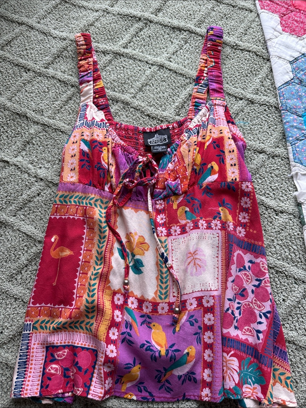Angie Multicolor Patchwork Floral & Bird Print Tank Top